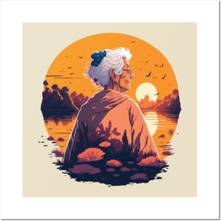 Old Woman in a River with a Sunset Posters and Art